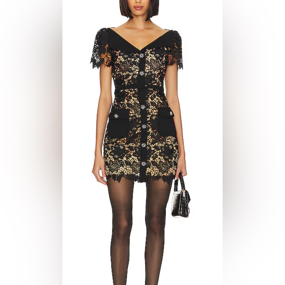 NWT Self-Portrait Black and Gold Flutter Sleeve Mini Dress - New with Tags